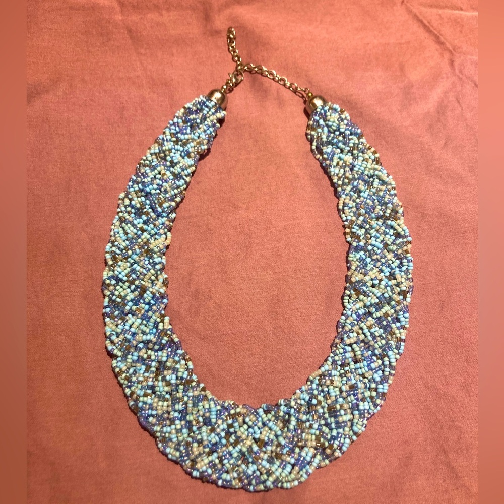 Vintage blue beaded collar statement necklace